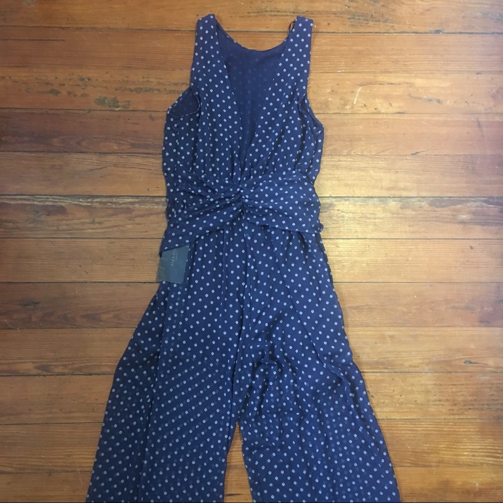 Zara Sheer Blue Floral Deep V Jumpsuit NWT